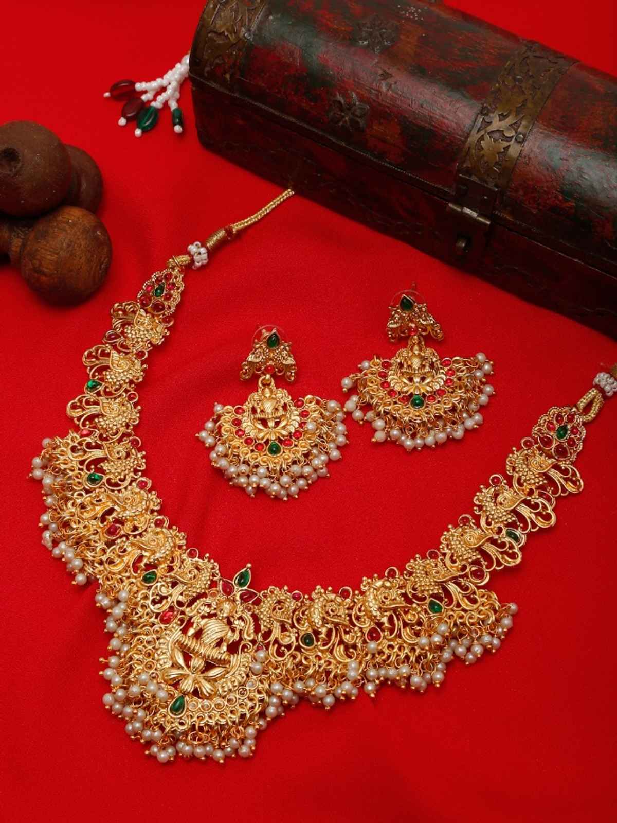 Youbella Temple Jewellery Set With Earrings For Girls And Women (Gold) (Ybnk - 50618)