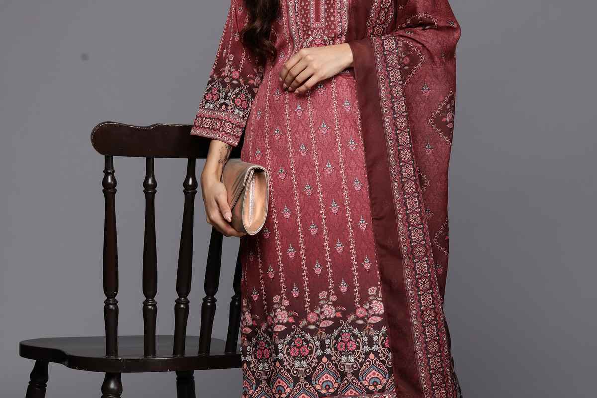 Libas Printed Crepe Straight Kurta With Trousers & Dupatta | 34215R | Maroon - M