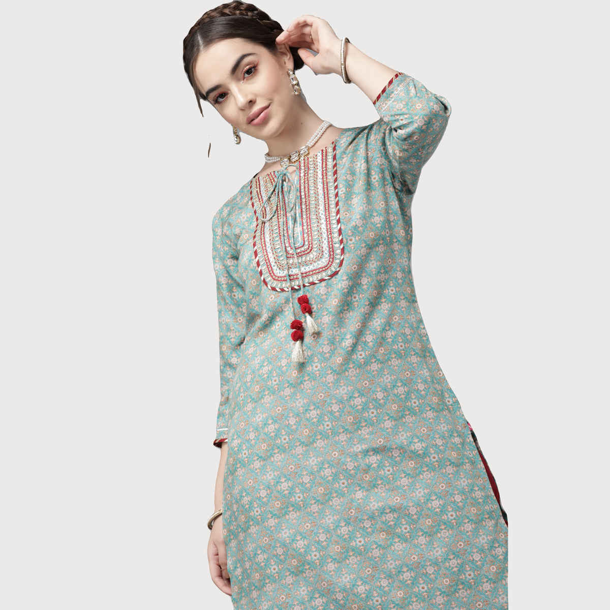 Varanga Women's Ethnic Printed Gota Yoke Kurta | VKUR11251036 | Multicolour - S