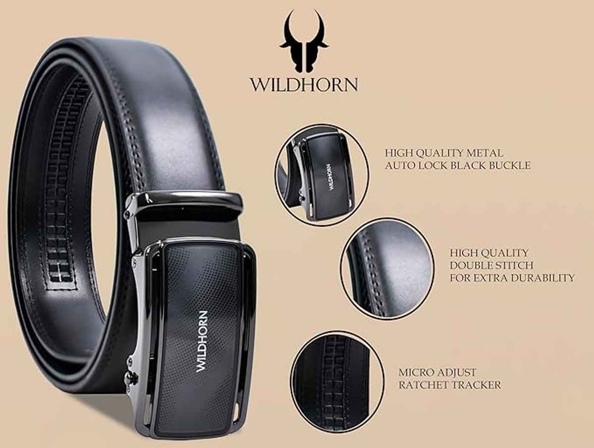 WILDHORN Men's Leather Belt Gift Set with 2 Interchangeable Buckles| Black & Gold | Adjustable Belt
