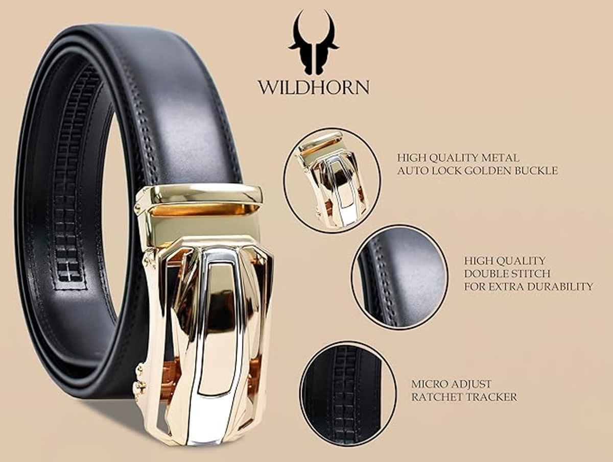 WILDHORN Men's Leather Belt Gift Set with 2 Interchangeable Buckles| Black & Gold | Adjustable Belt