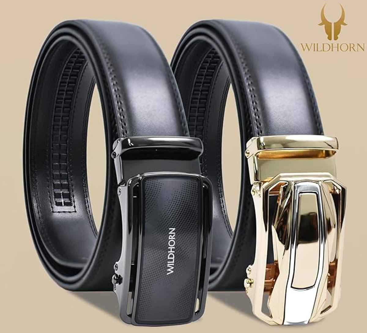 WILDHORN Men's Leather Belt Gift Set with 2 Interchangeable Buckles| Black & Gold | Adjustable Belt