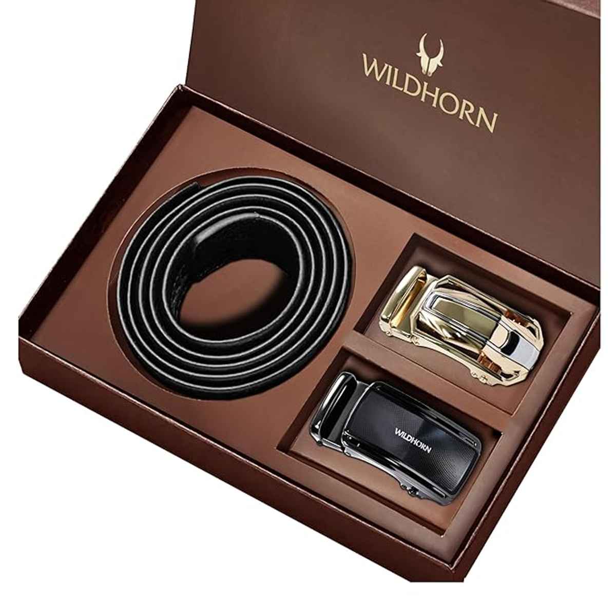 WILDHORN Men's Leather Belt Gift Set with 2 Interchangeable Buckles| Black & Gold | Adjustable Belt