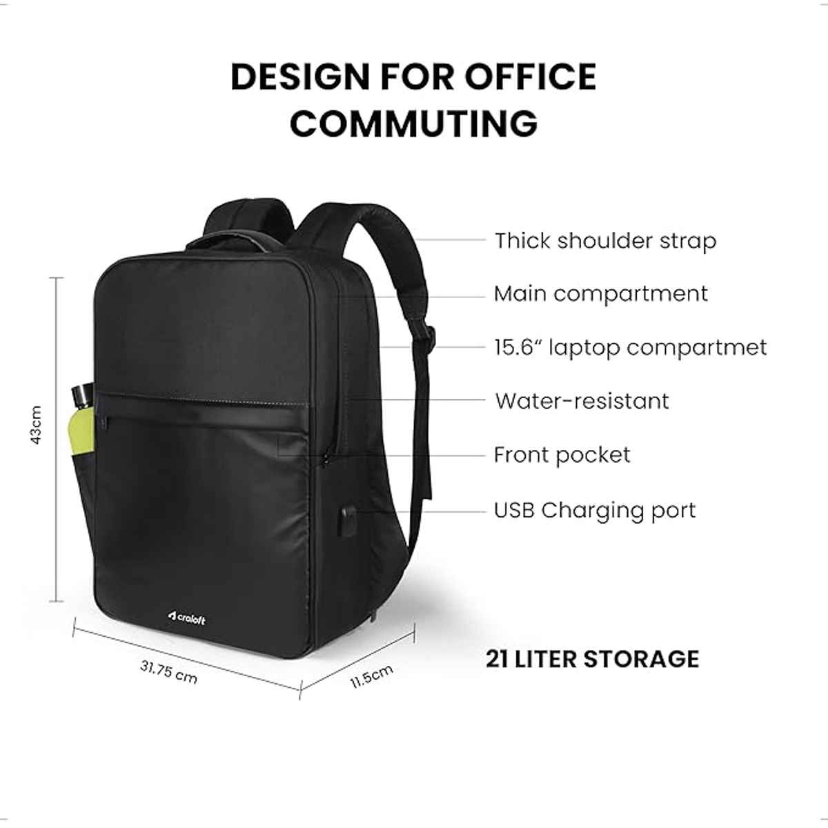 Craloft 21L Laptop Backpack Bag Upto 15.6 - 16 Inch, USB-C & Rain Cover Office & Travel Use for Men