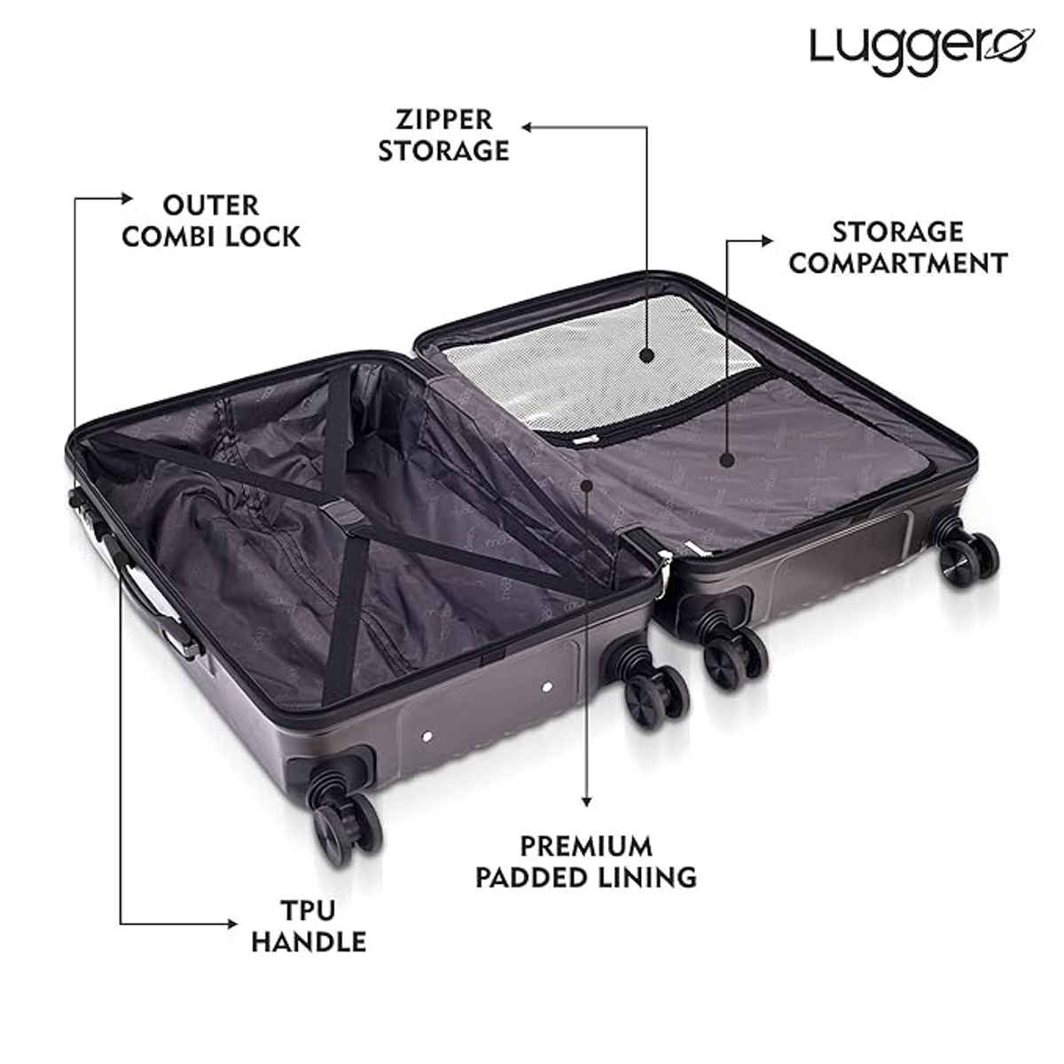 Luggero Classic Trolley Bag | Dark Grey - L,S Pack of 2