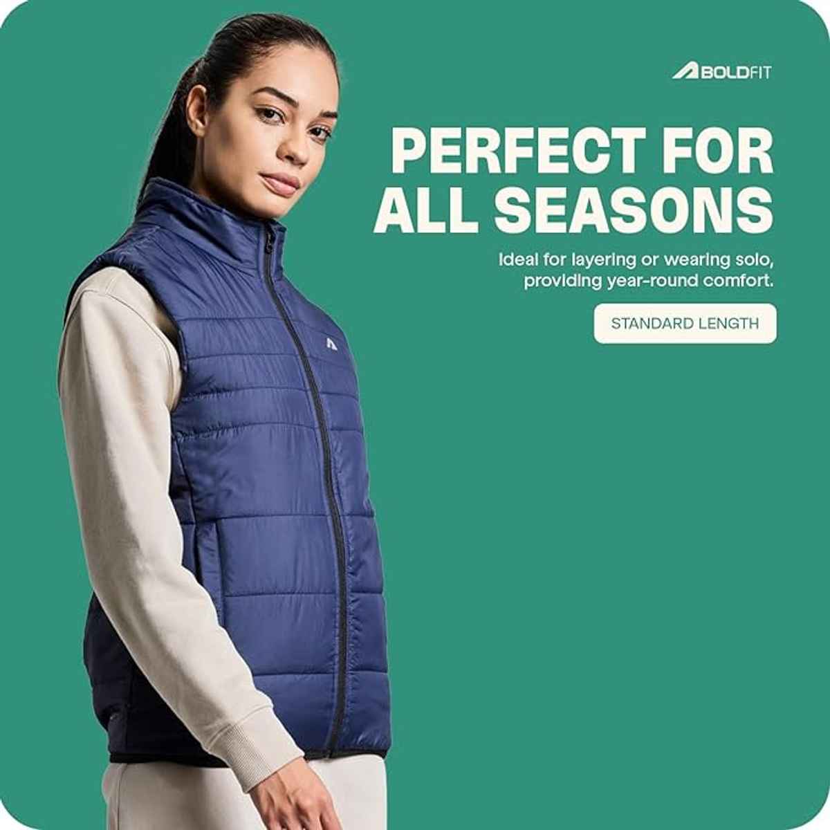 Boldfit Women's Puffer Jacket Sleeveless Winter Jerkin | Navy - M