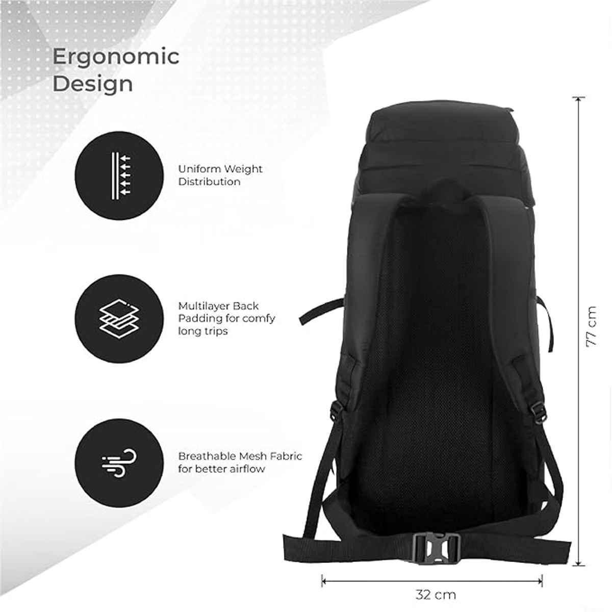 Mountile Unisex Solid Polyester 60 L Ergonomic Handle Rucksack | Black