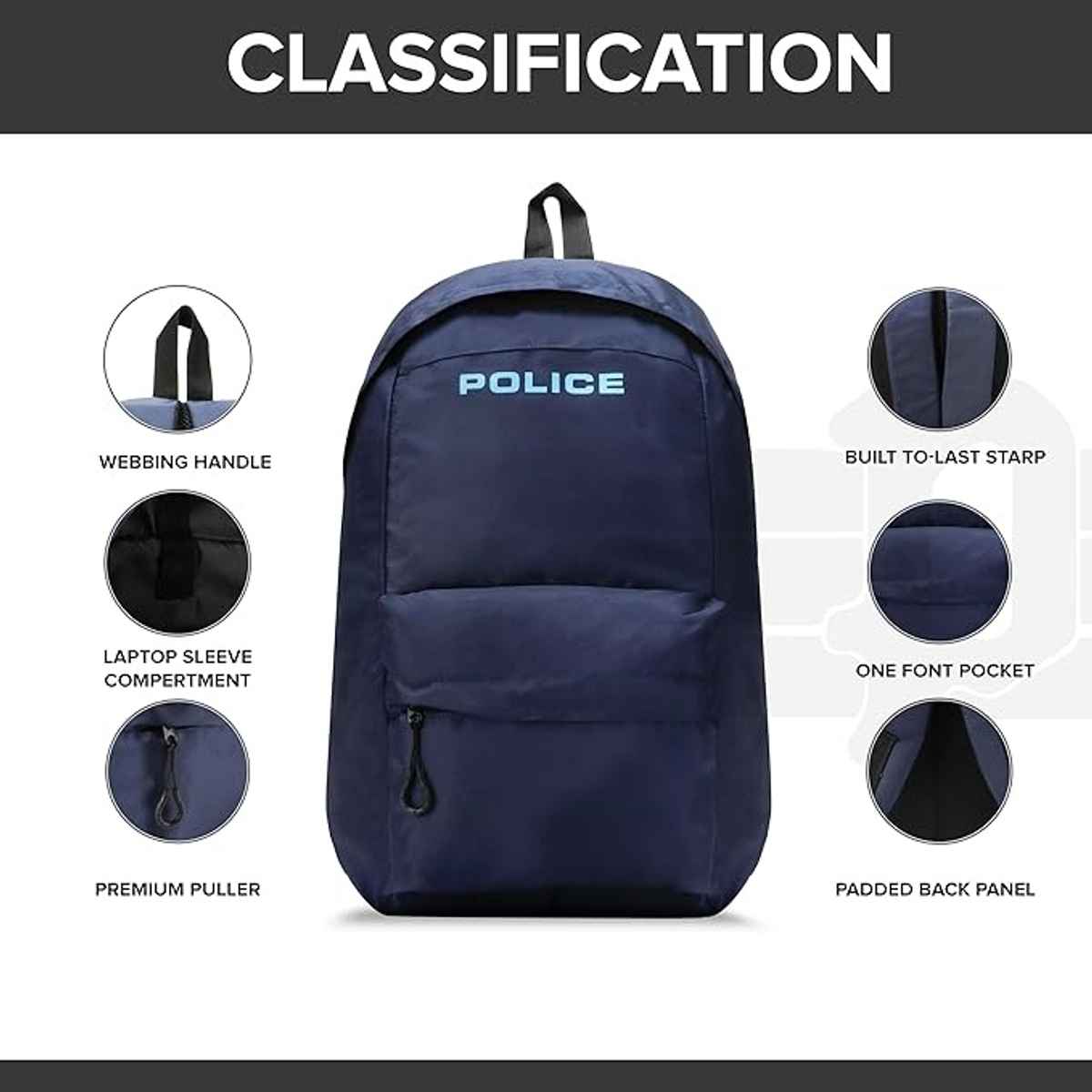 Police Unisex Brand Logo Nylon 15.6 L Laptop Backpack | Navy - 15.6 Inches