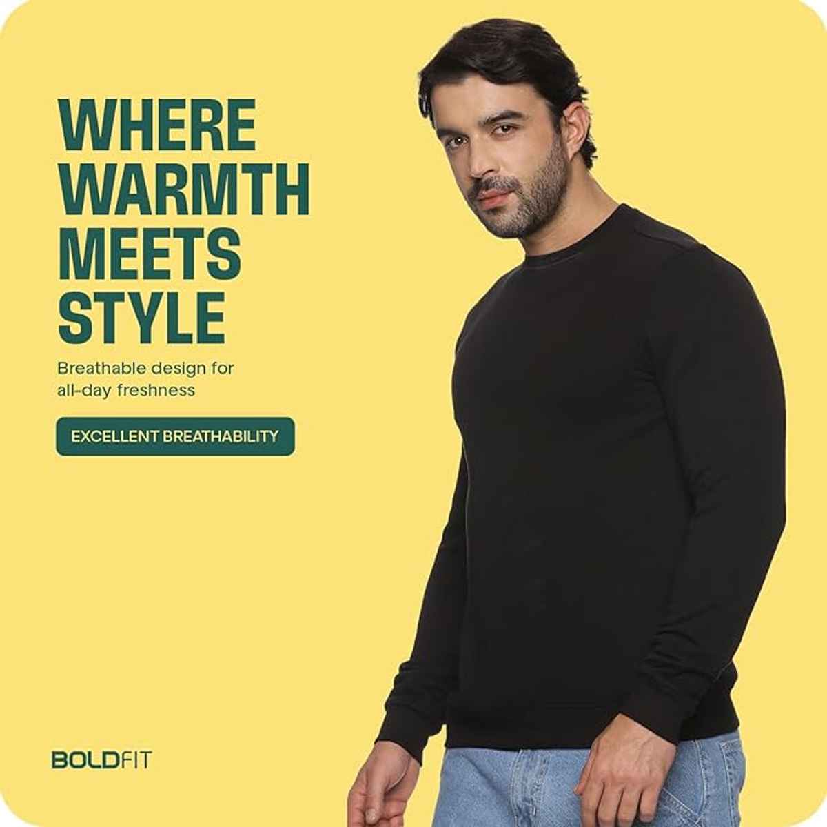 Boldfit Men's Sweatshirt Round Neck Branded Winter Pullover Stylish Jumper | Black - M