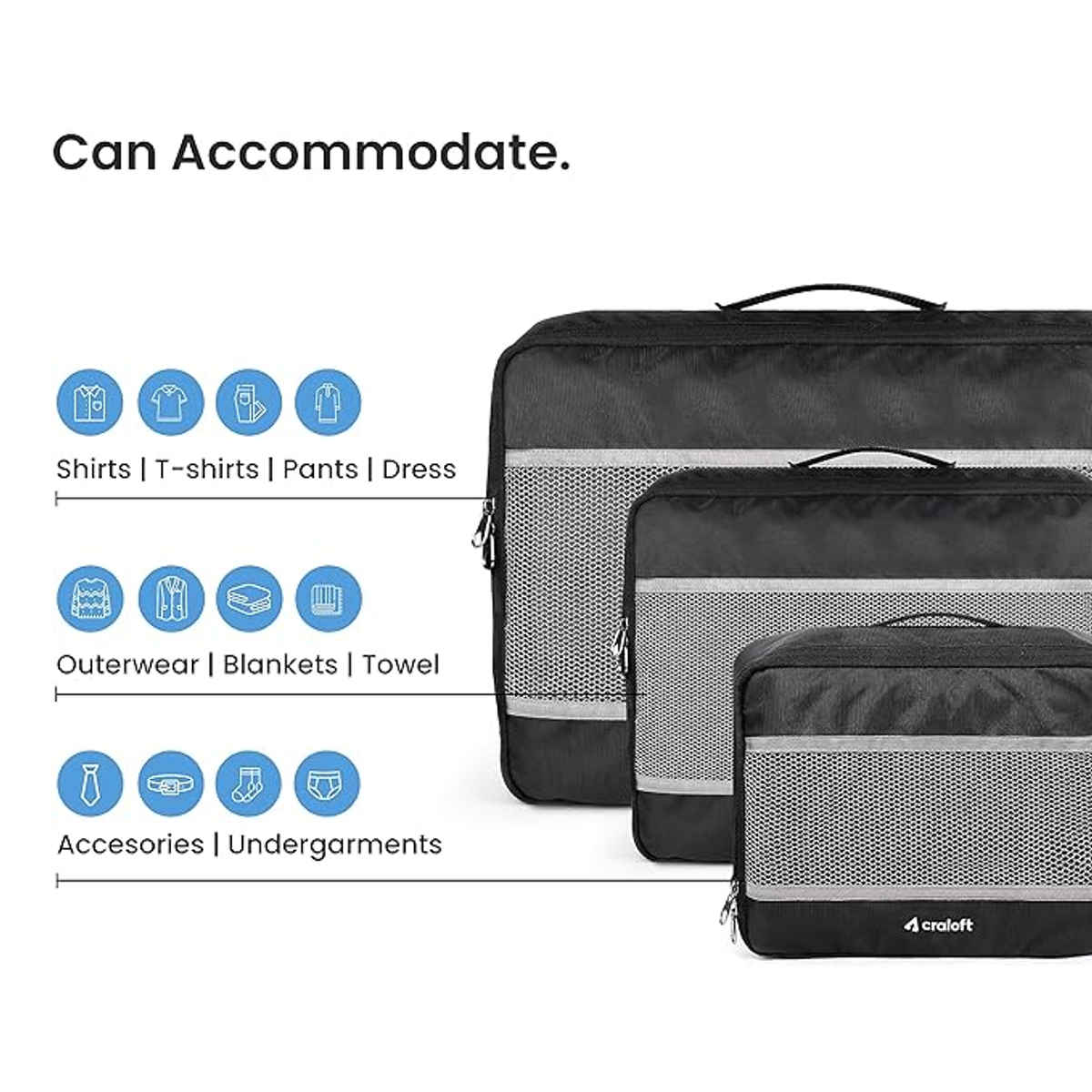 Craloft Polyester Packing Cubes Travel Organizer for Men and Women Set of 4 Piece (1L, 2M, 1S)