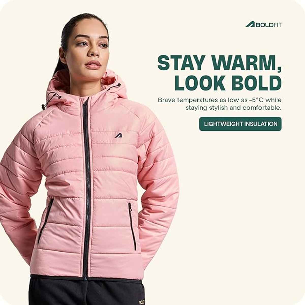 Boldfit Women's Puffer Jacket Quilted Hooded Full Sleeve Jerkin | Pink - M