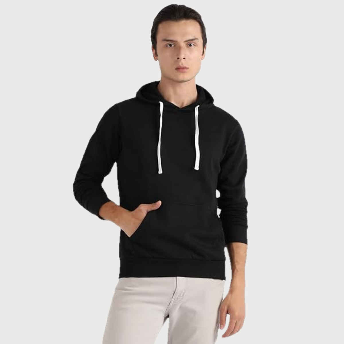 Campus Sutra Men's Pullover Hoodie With Contrast Drawstring | Black - XL