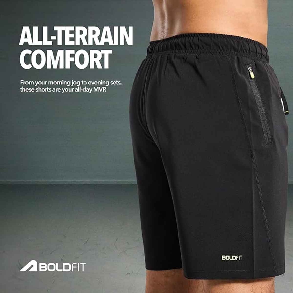 Boldfit Men's Shorts Quick Dry Workout Lightweight Outdoor Athletic Bermuda | Black - L
