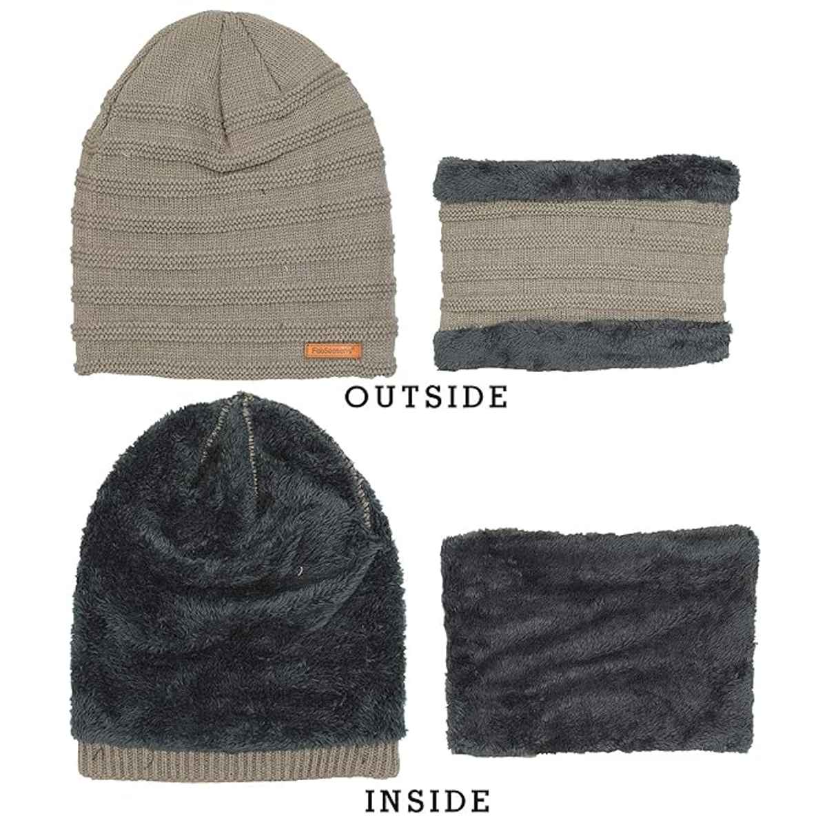 Fabseasons Acrylic Woolen Combo Of Beanie Skull Cap and Muffler With Faux Fur Lining | Light Brown