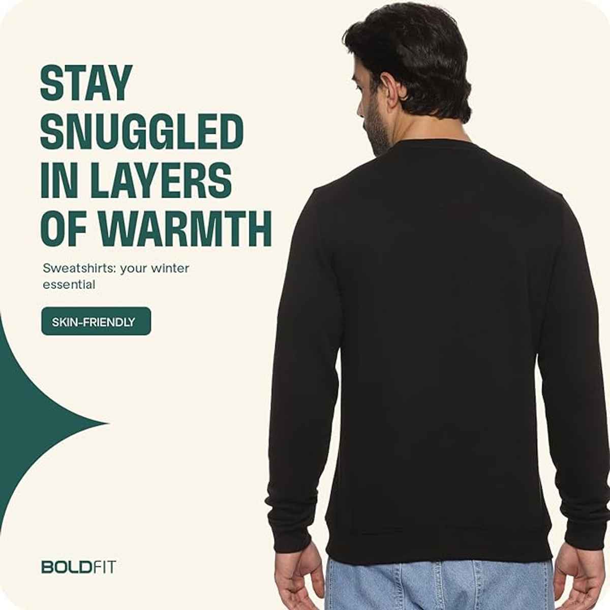 Boldfit Men's Sweatshirt Round Neck Branded Winter Pullover Stylish Jumper | Black - M