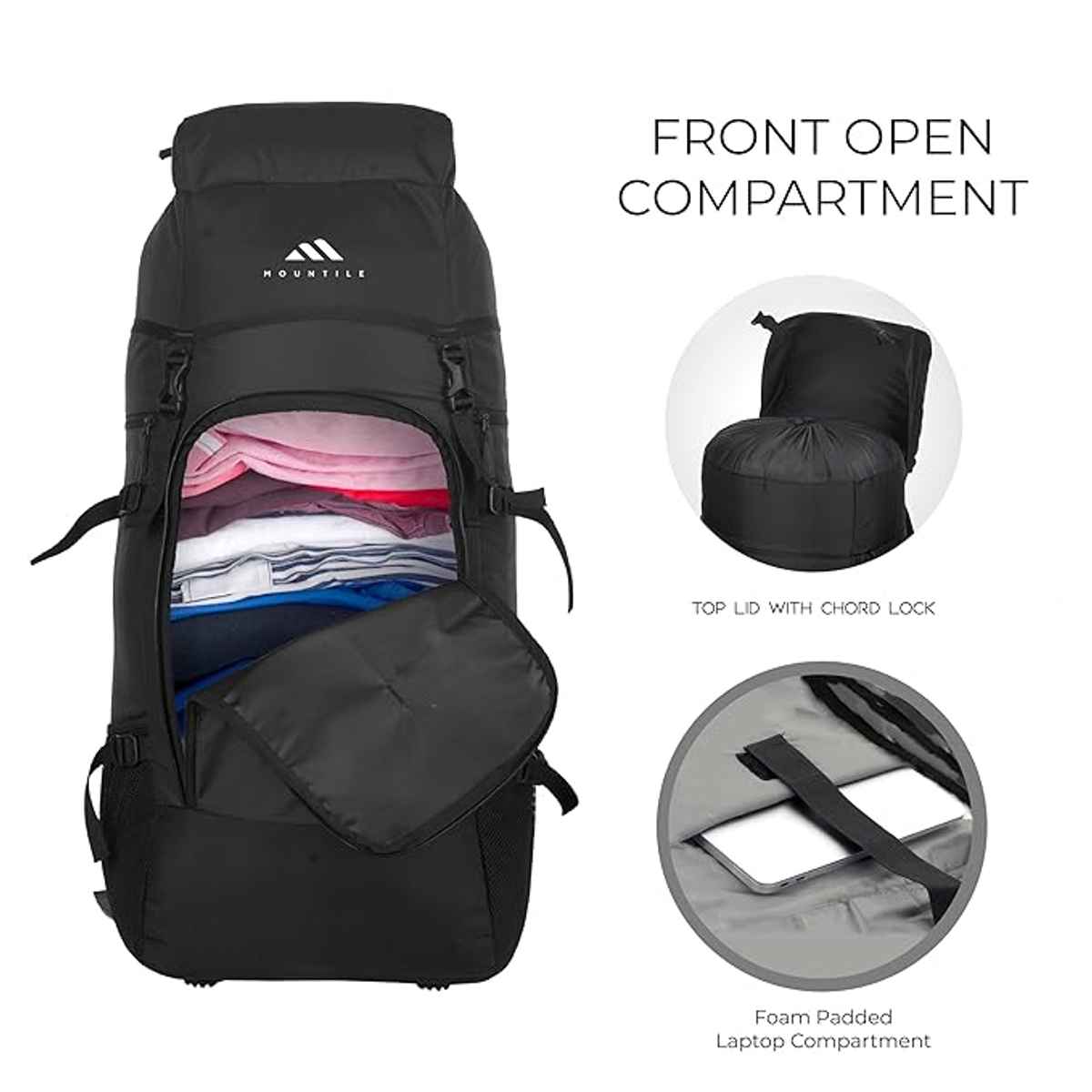 Mountile Unisex Solid Polyester 60 L Ergonomic Handle Rucksack | Black