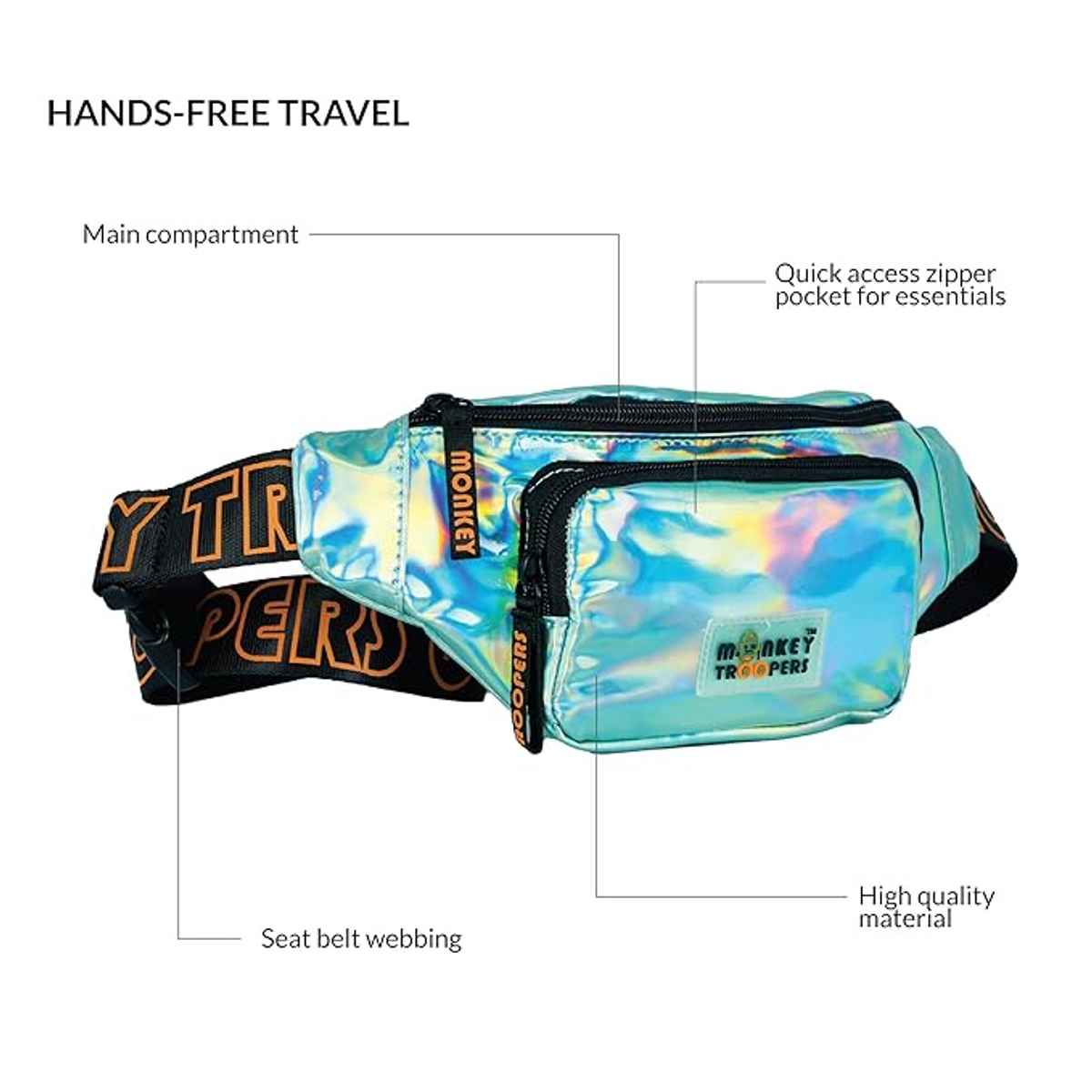 MONKEY TROOPERS Lit Waist Bag - Stylish Fanny Pack for Travel, Concert, Festival, Water Resistant | Silver