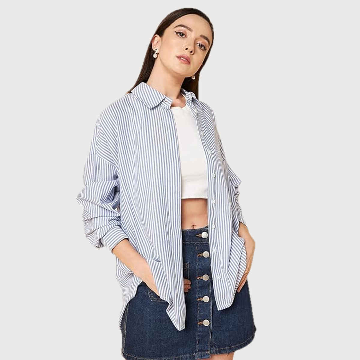 High Star Women Oversized Blue Striped Cotton Casual Shirt (Size-XL)