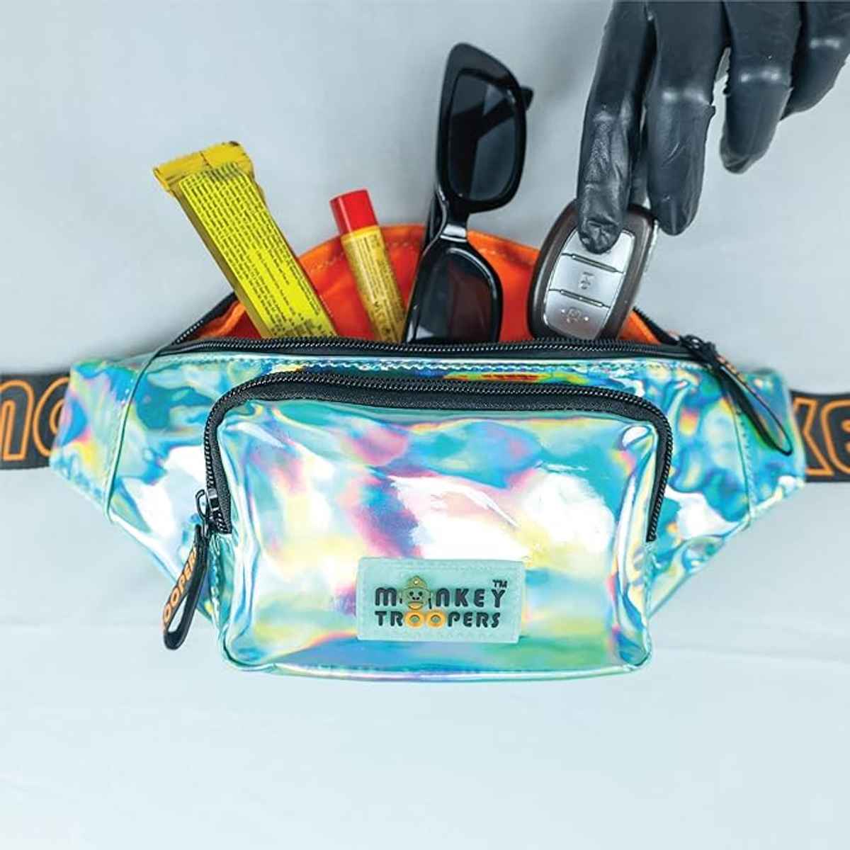 MONKEY TROOPERS Lit Waist Bag - Stylish Fanny Pack for Travel, Concert, Festival, Water Resistant | Silver