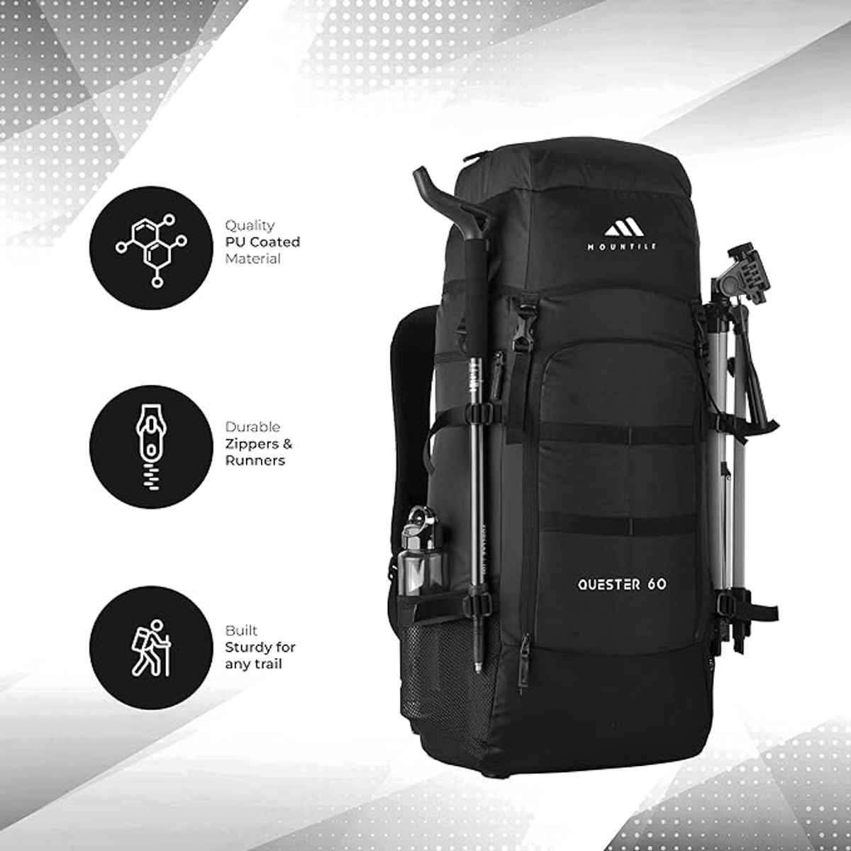 Mountile Unisex Solid Polyester 60 L Ergonomic Handle Rucksack | Black