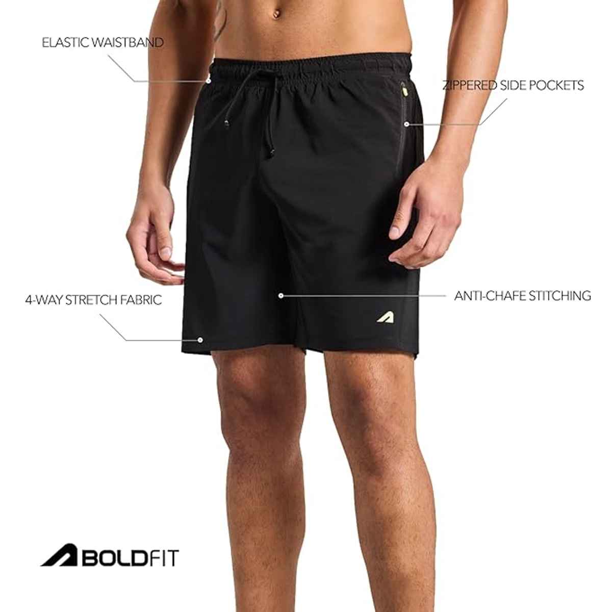 Boldfit Men's Shorts Quick Dry Workout Lightweight Outdoor Athletic Bermuda | Black - L