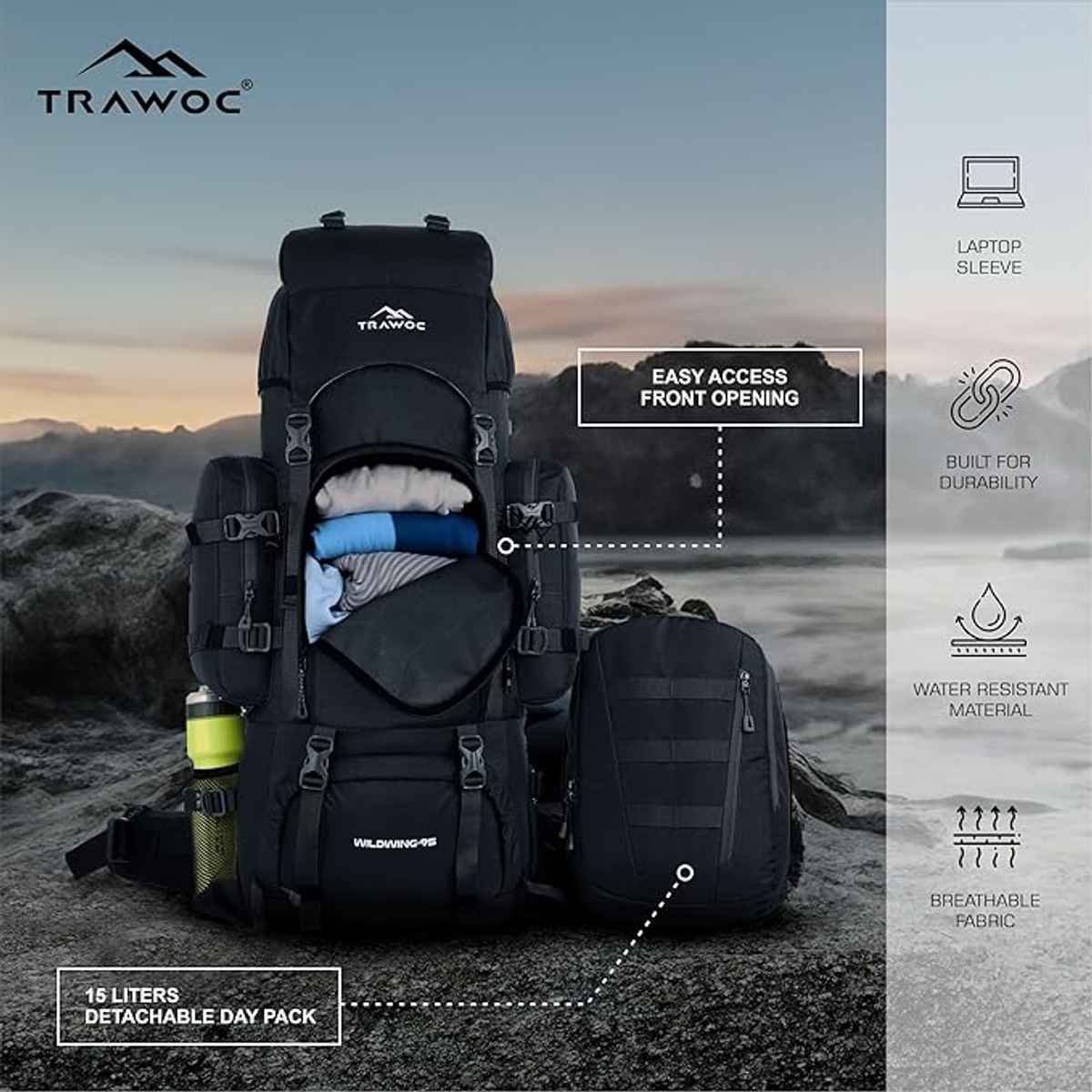 Trawoc Unisex Polyester 95 L Rucksack | Black