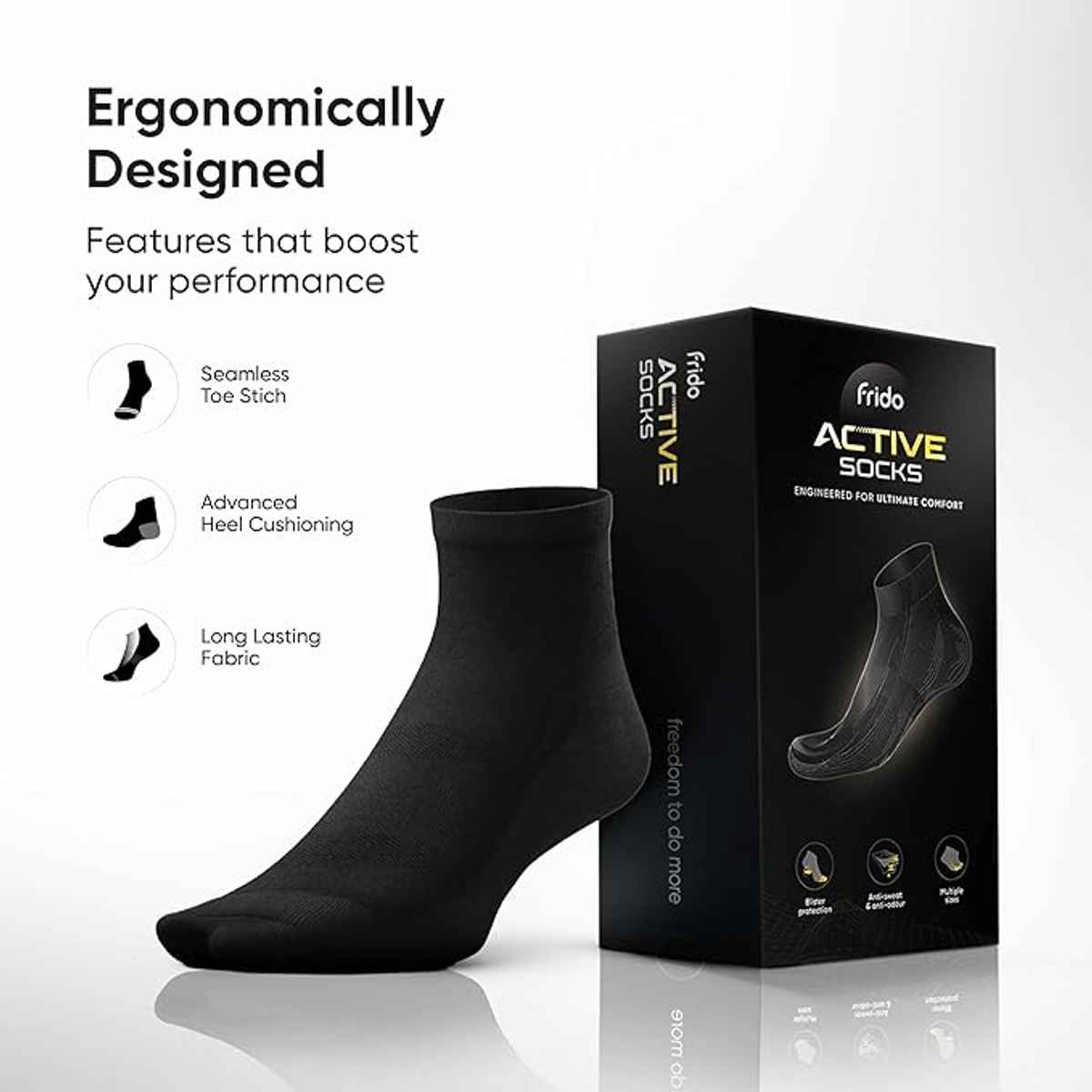 Frido Active Socks For Men and Women | Quarter Length | Core Black Color | UK 6-9 - 1 pc