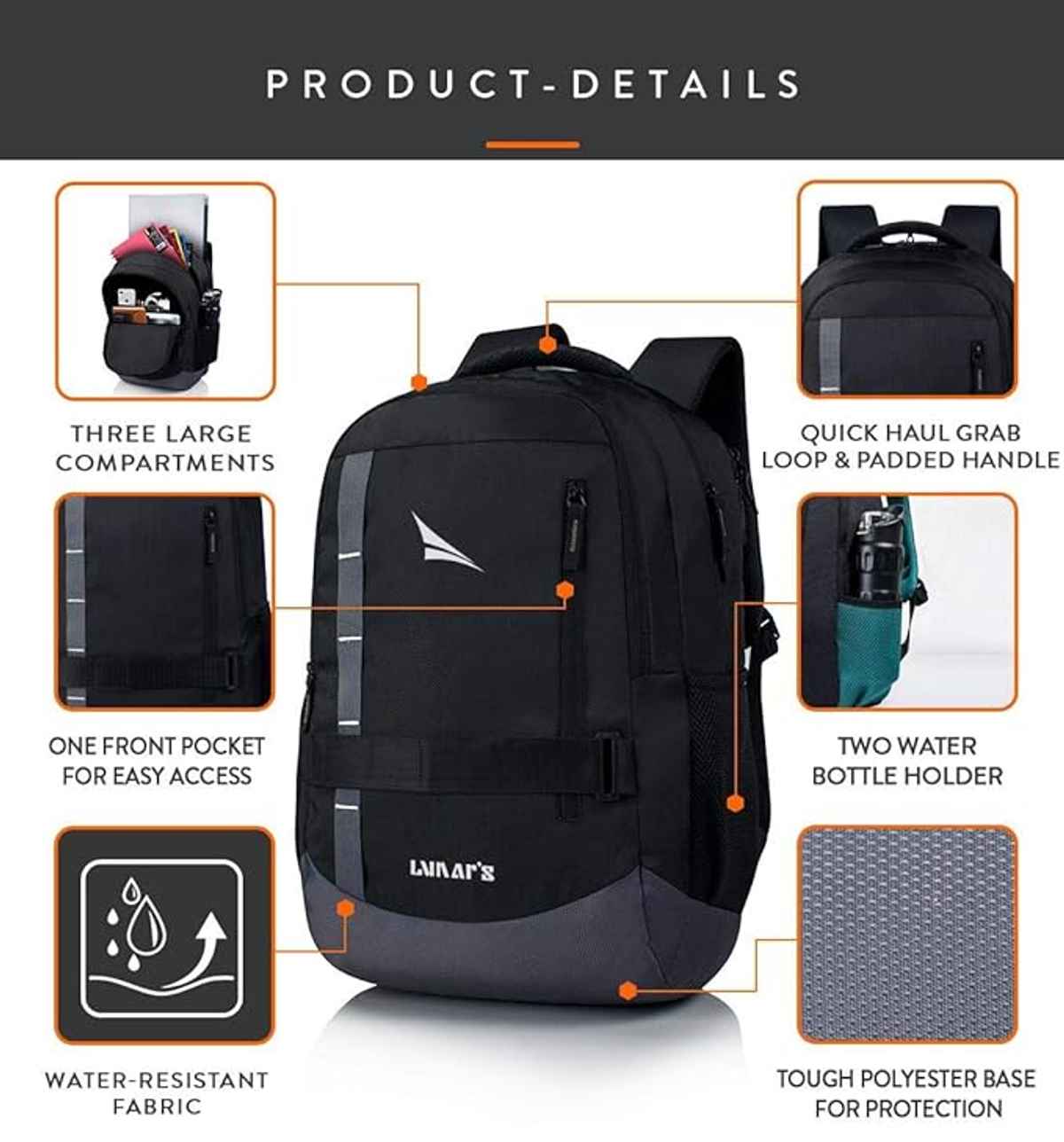 Lunar's Unisex Modern Polyester 48 L Padded Shoulder Strap Laptop Backpack | Black - 15.6 Inches