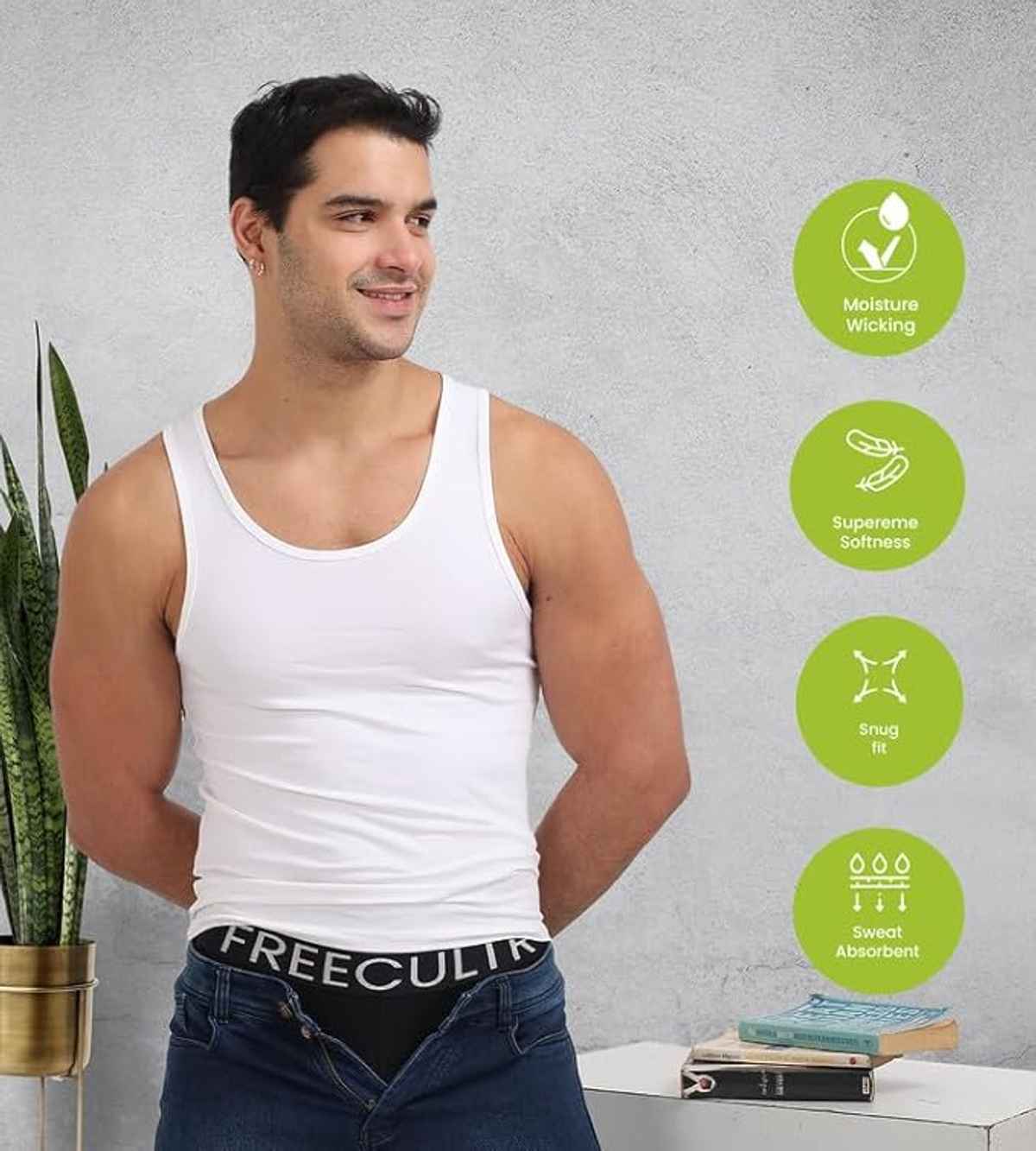 FREECULTR Regular Fit Vest for Men| 100% Organic Fabric, Round Neck, Comfort, PO2 ,White/Black-S