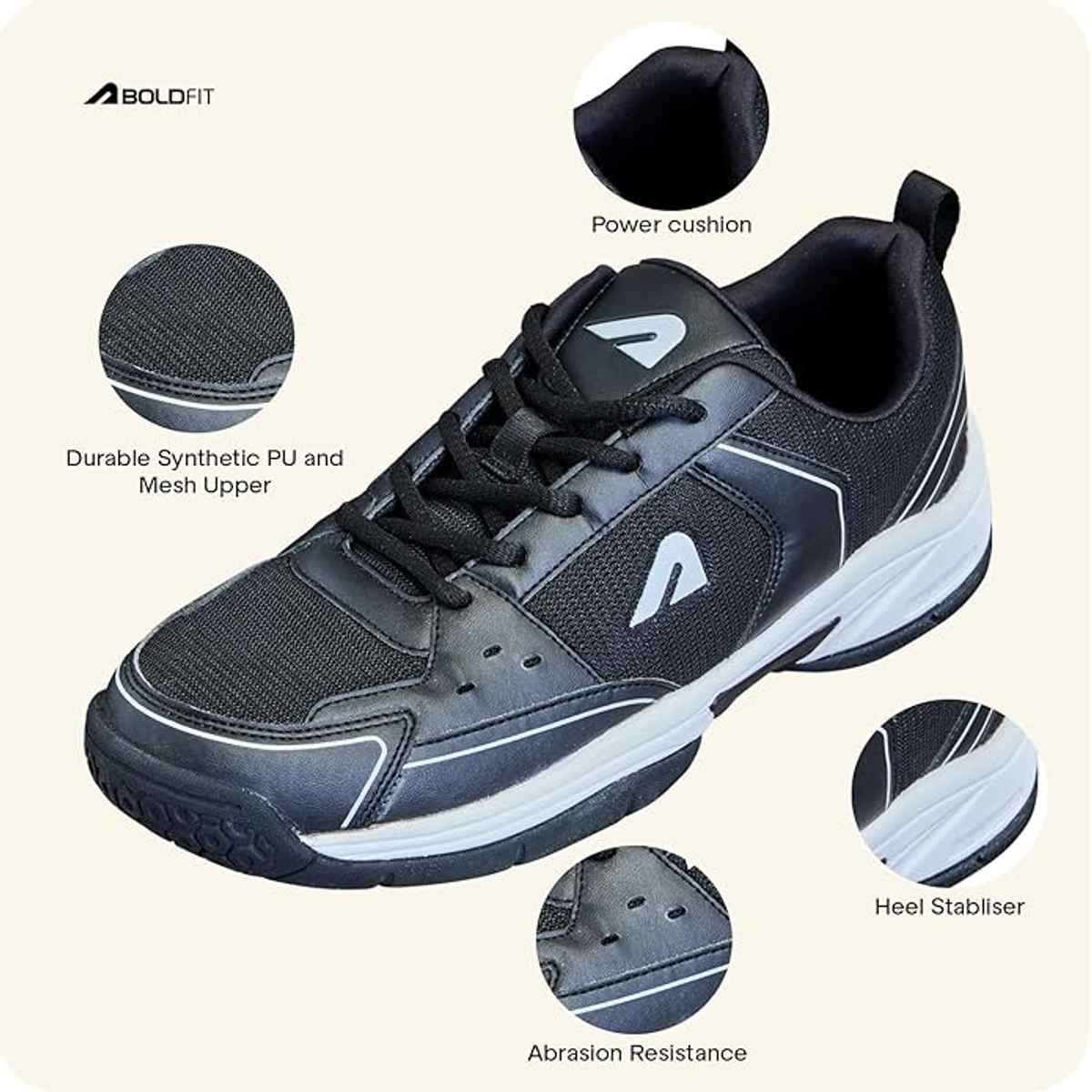 Boldfit Badminton Shoes Shuttle Anti Skid Non Marking Shoes - Black & White - 6