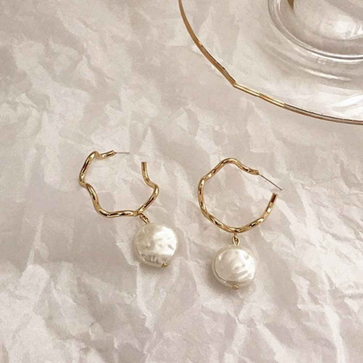 Just Lil Things Gold Hoop Earrings with Baroque Pearl Drop | jlt11861