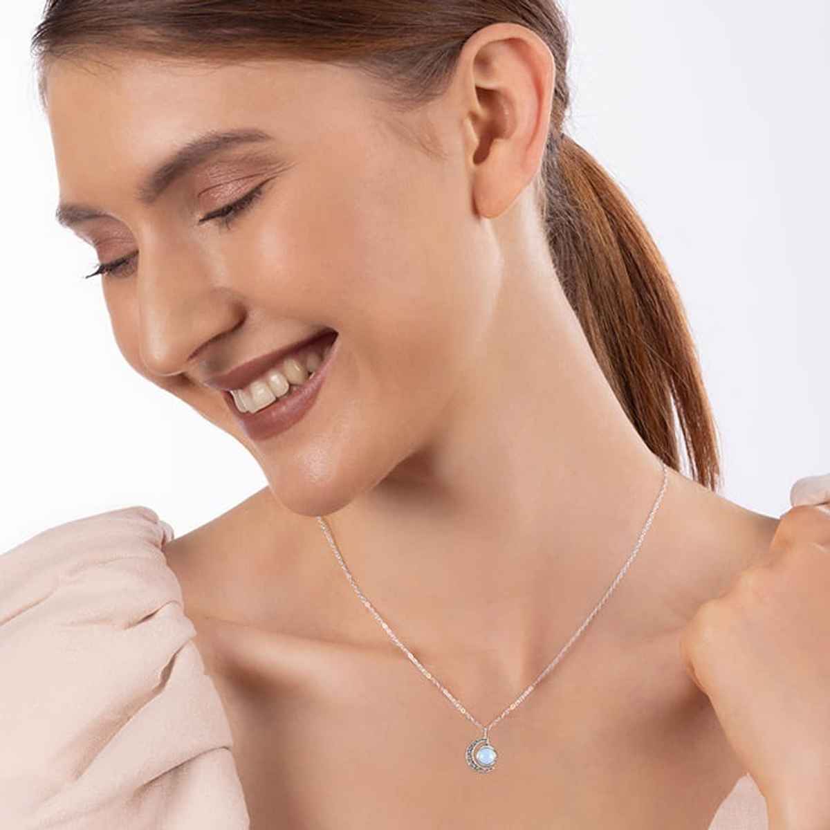 Giva Oxidised Silver Moonstone Crescent Pendant with Box Chain