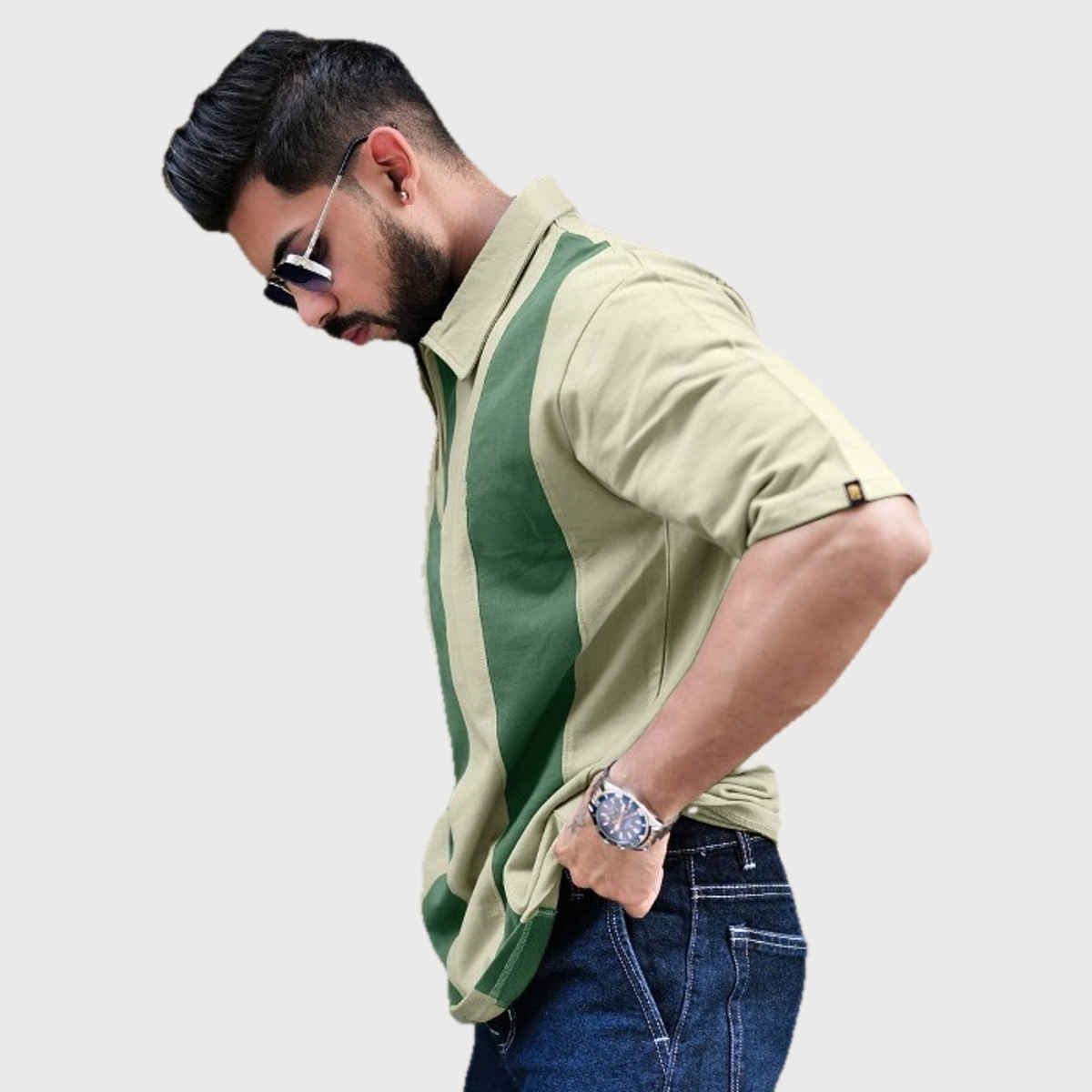Maniac Men's Vertical Stripes Polo Neck Half Sleeve Cotton T-shirt | Biscuit & Hunter Green - M