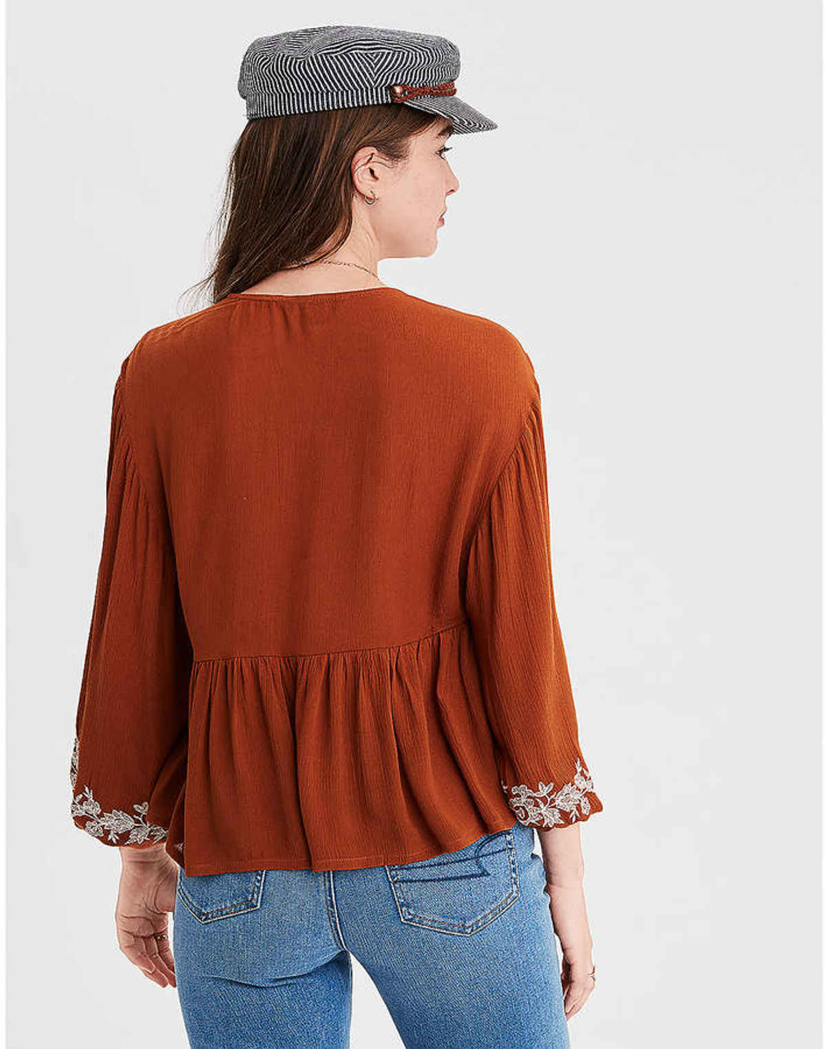 GoSriKi Women's Rayon Viscose Embroidered Boho Peplum Top | V-Neck | Floral Thread Work | Long Sleeves | Sujan Brown | L