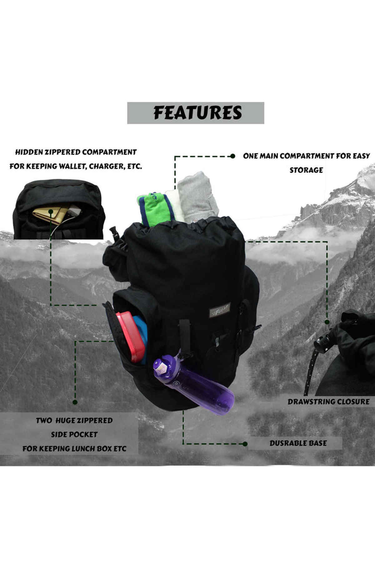 F Gear Unisex Polyester 46 L Ergonomic Handle Rucksack | Black - Free Size