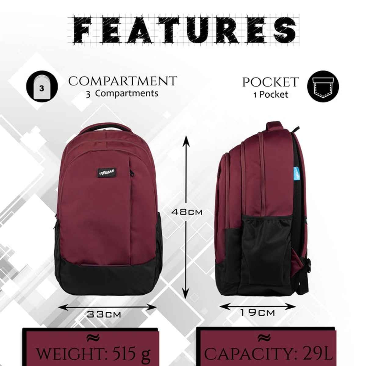 F Gear Unisex Solid Polyester 29 L Backpack | Black and Maroon