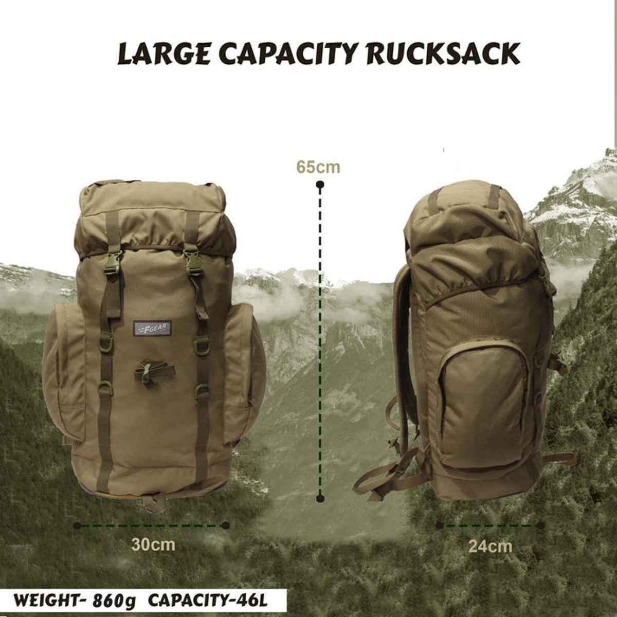 F Gear Unisex Polyester 46 L Top Handle Rucksack | Khaki - M