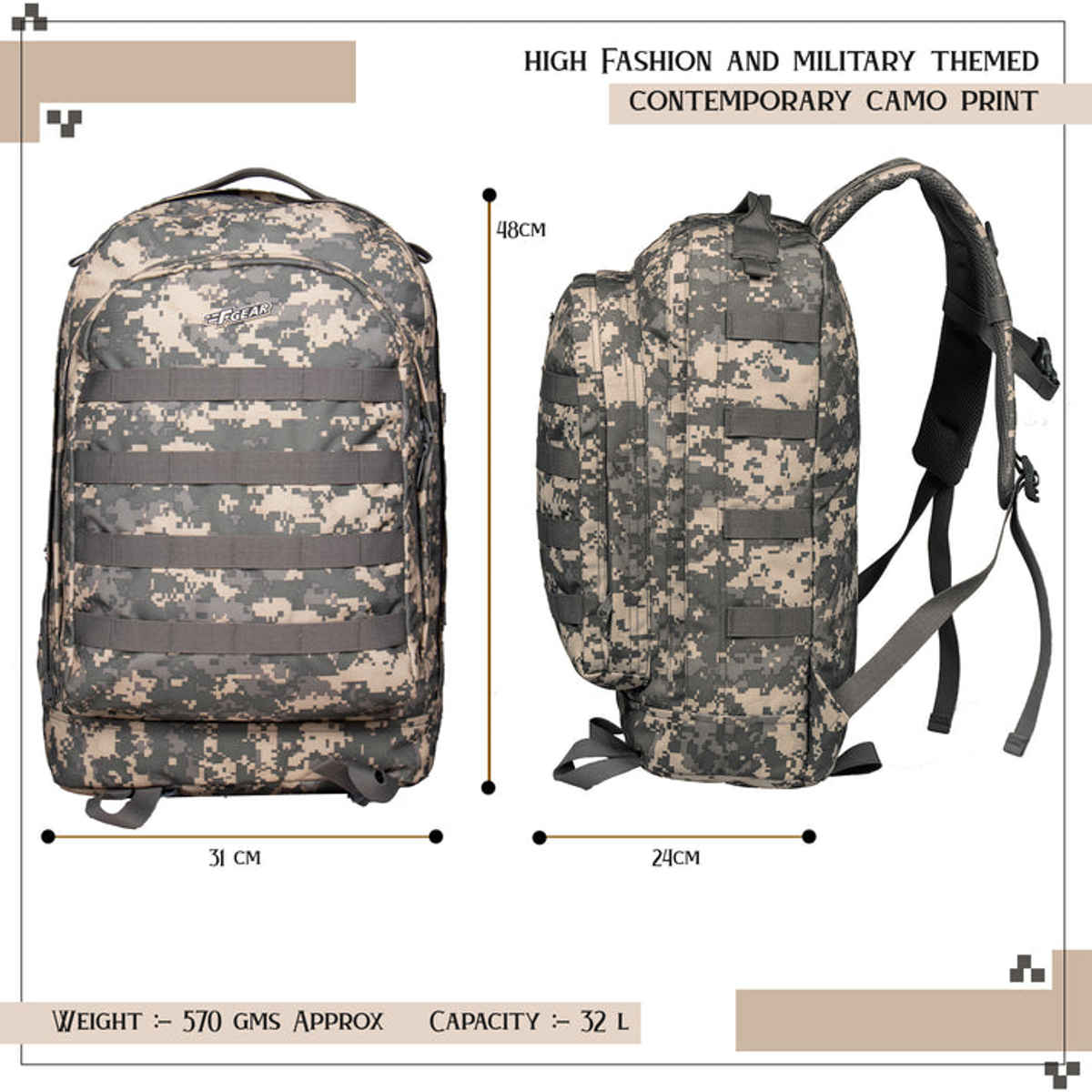 F Gear Unisex Camouflage Polyester 32 L Convenient Carry Handle Backpack | Multicolour