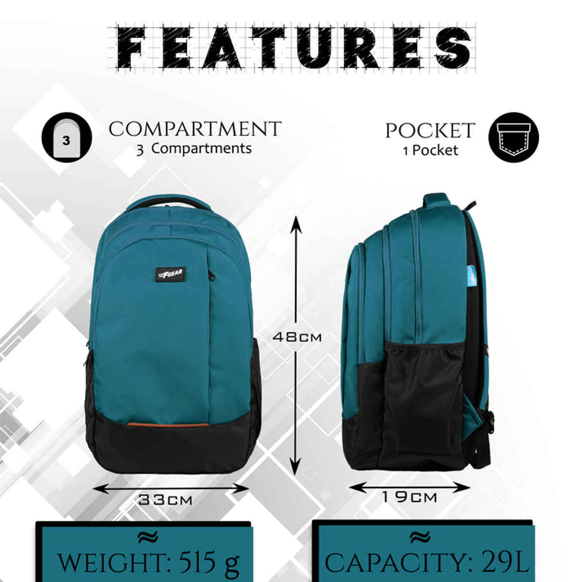 F Gear Unisex Modern Polyester 29 L Padded Grab Handle Laptop Backpack | Black and Aqua - 17 Inches
