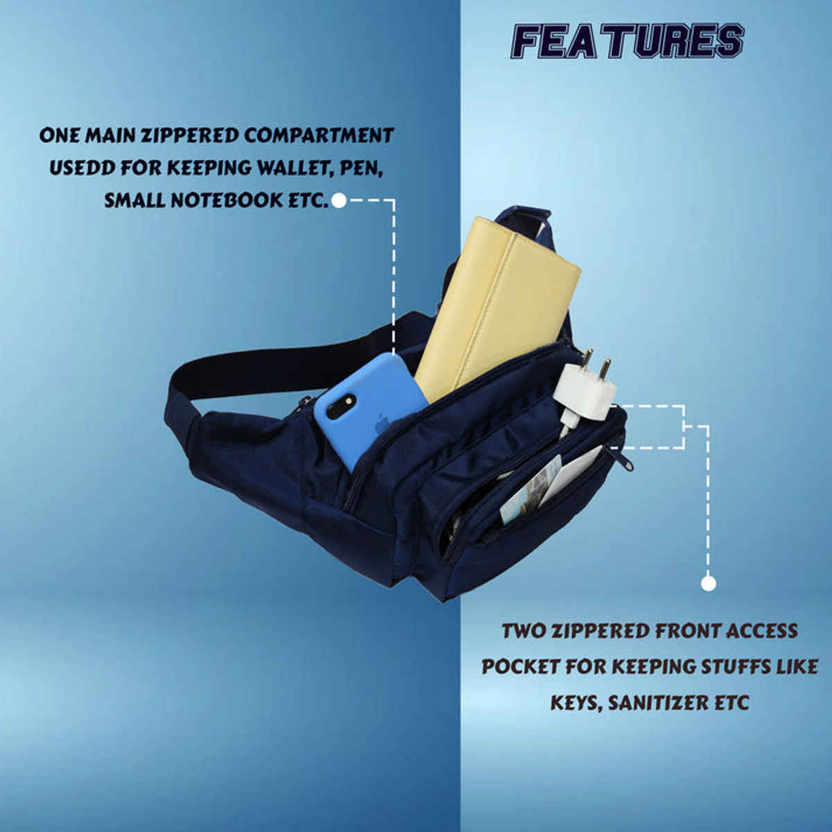 F Gear Unisex Polyester 2.1 L Waist Bag | Navy Blue