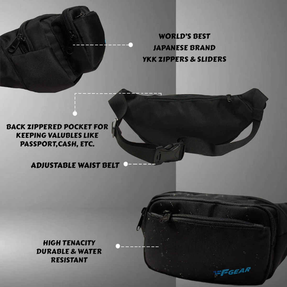 F Gear Unisex Polyester 2 L Waist Bag | Black