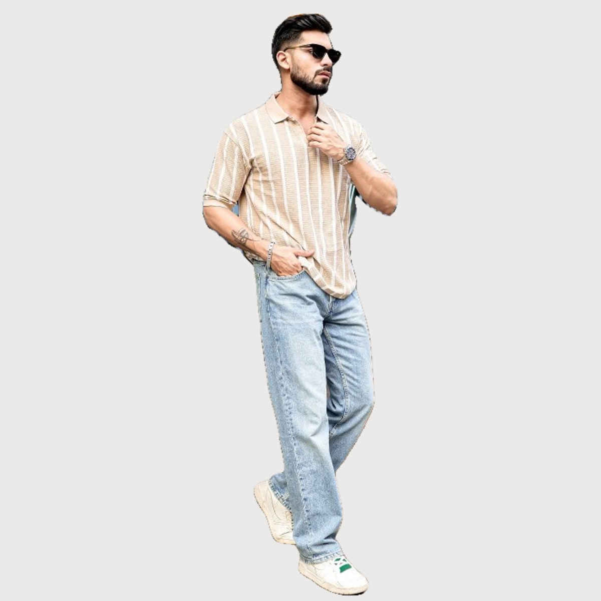 Maniac Men's Vertical Stripe Polo Neck Half Sleeve Beige Polycotton Oversized T-Shirt | Beige | S