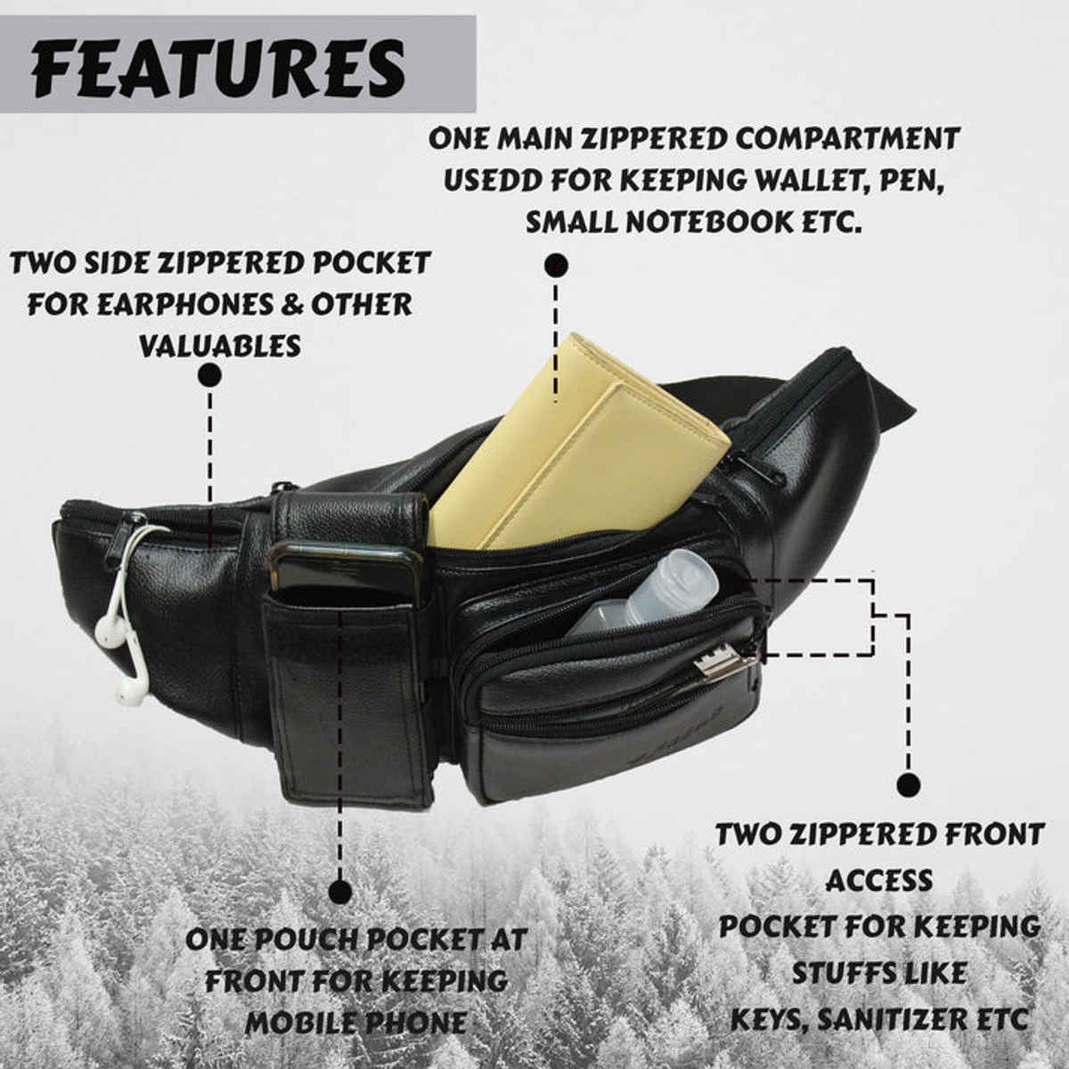 F Gear Unisex Artificial Leather 2 L Waist Bag | Black