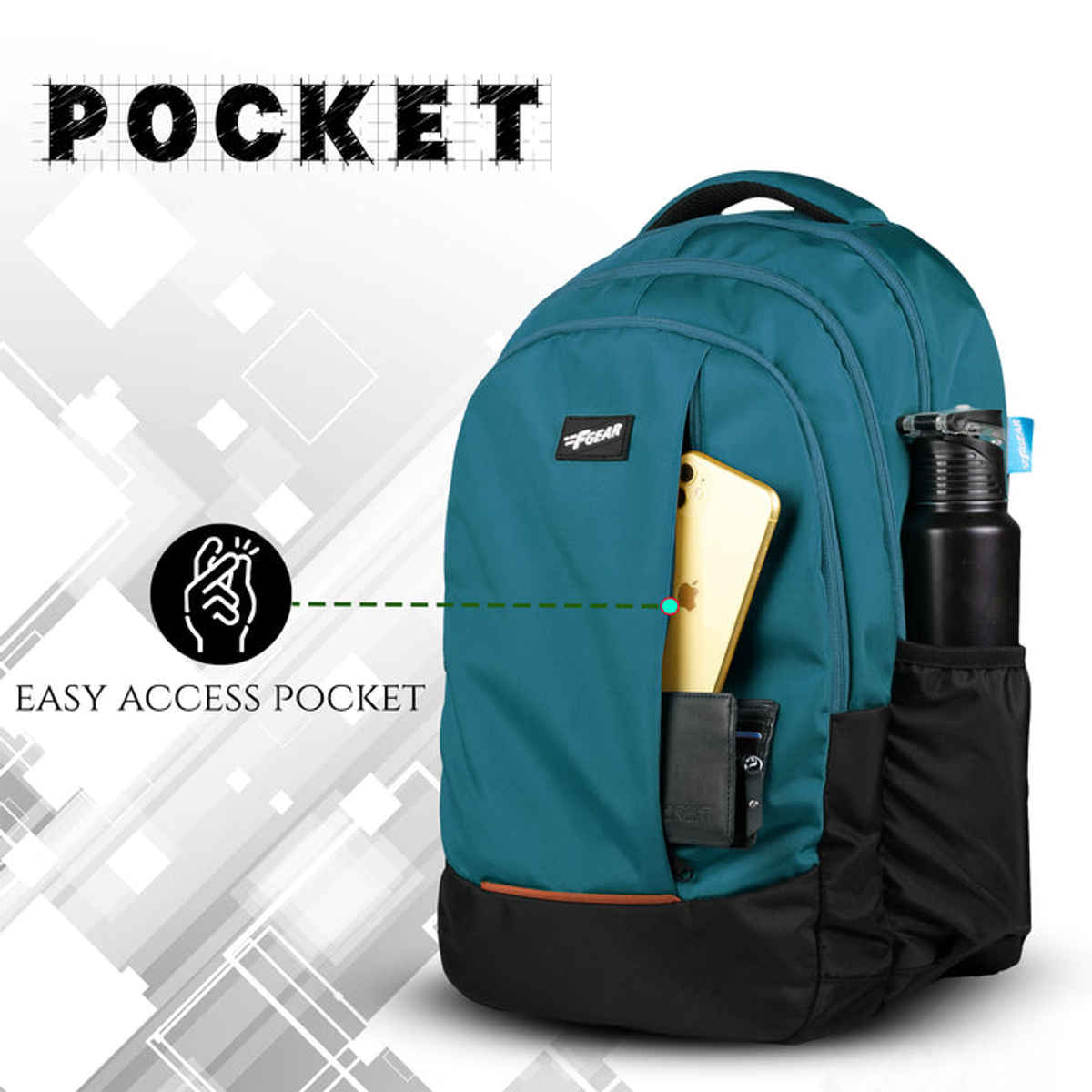 F Gear Unisex Modern Polyester 29 L Padded Grab Handle Laptop Backpack | Black and Aqua - 17 Inches