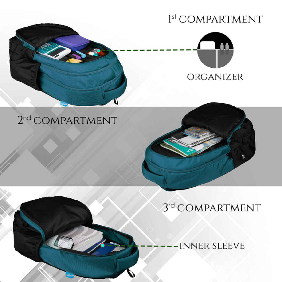 F Gear Unisex Modern Polyester 29 L Padded Grab Handle Laptop Backpack | Black and Aqua - 17 Inches