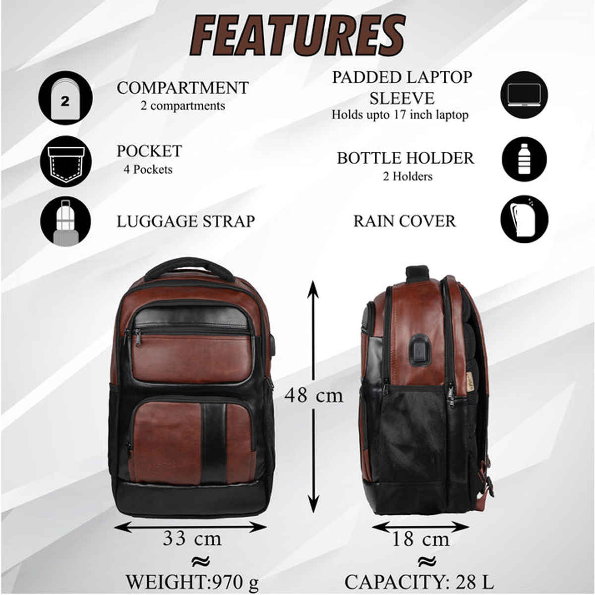 F Gear Unisex Solid Artificial Leather 28 L Laptop Backpack | Brown