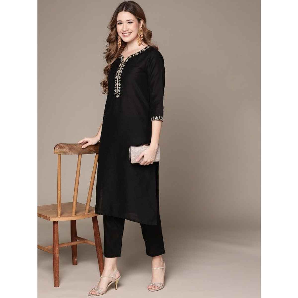 Anubhutee Women's Ethnic Motifs Embroidered Kurta with Trousers | Black - S
