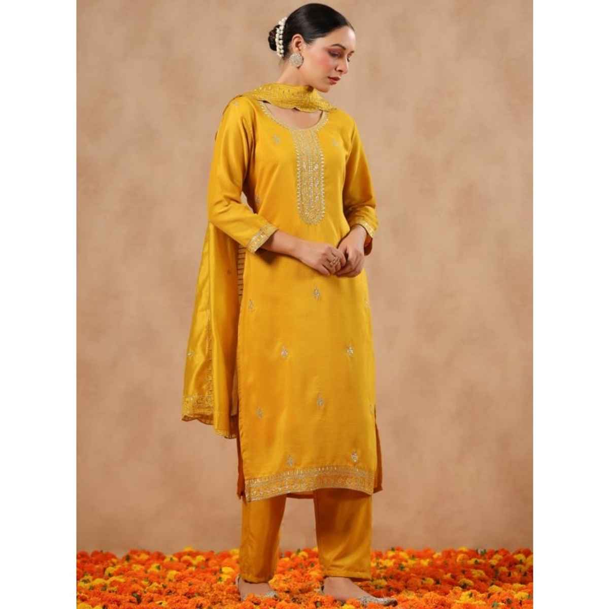 Ishin Women Straight Ethnic Poly Silk Kurta Set with Dupatta | INWSDAW231202 | Mustard - L