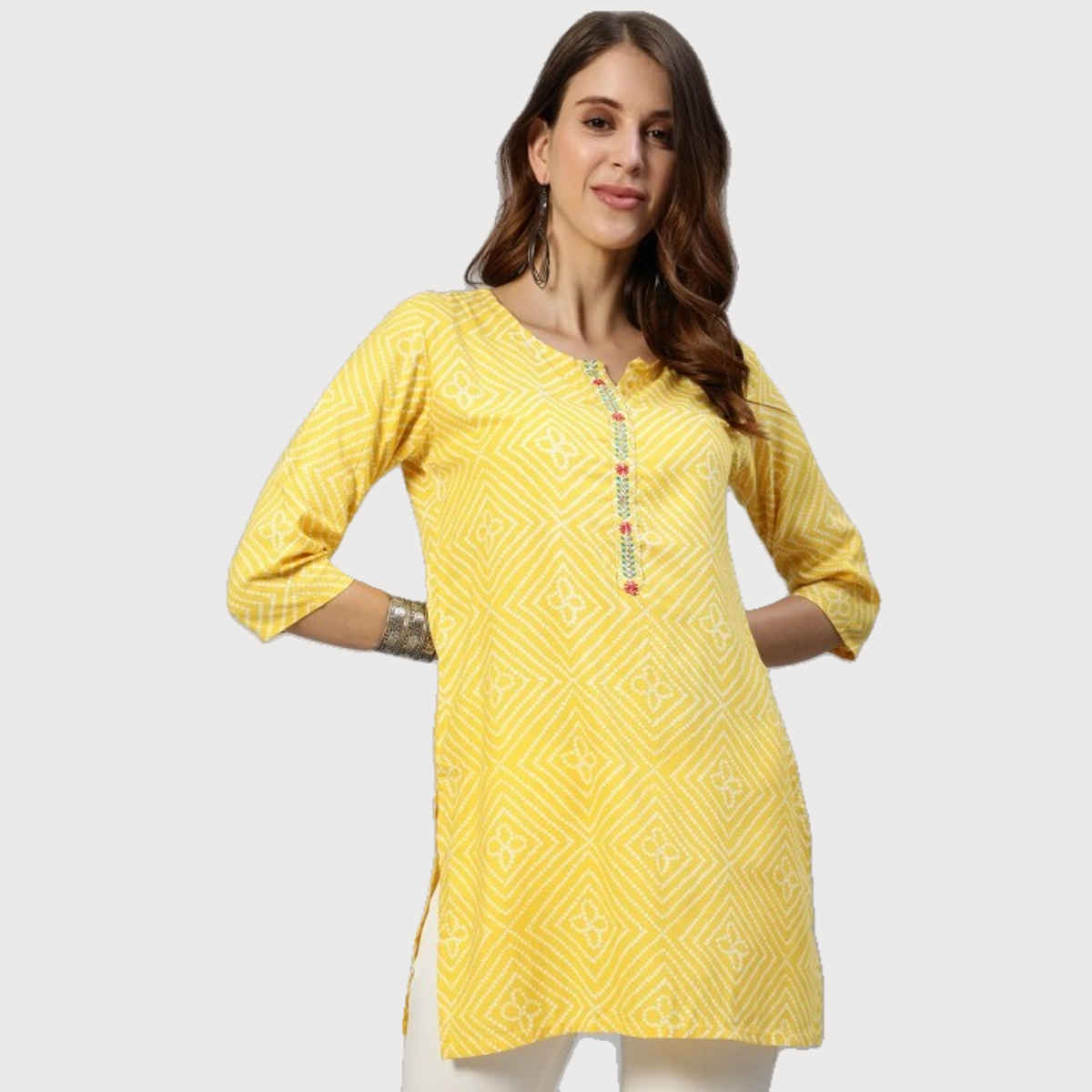 Anubhutee Bandhani Printed Kurti | White and Yellow - XL