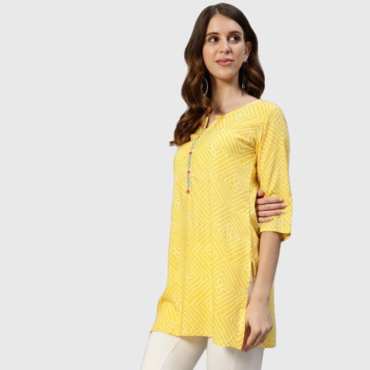 Anubhutee Bandhani Printed Kurti | White and Yellow - XL